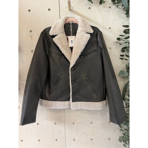 MOTHER The Mile High Aviator Jacket Size L NWT Brown Faux Leather Faux Sherpa - Picture 16 of 16